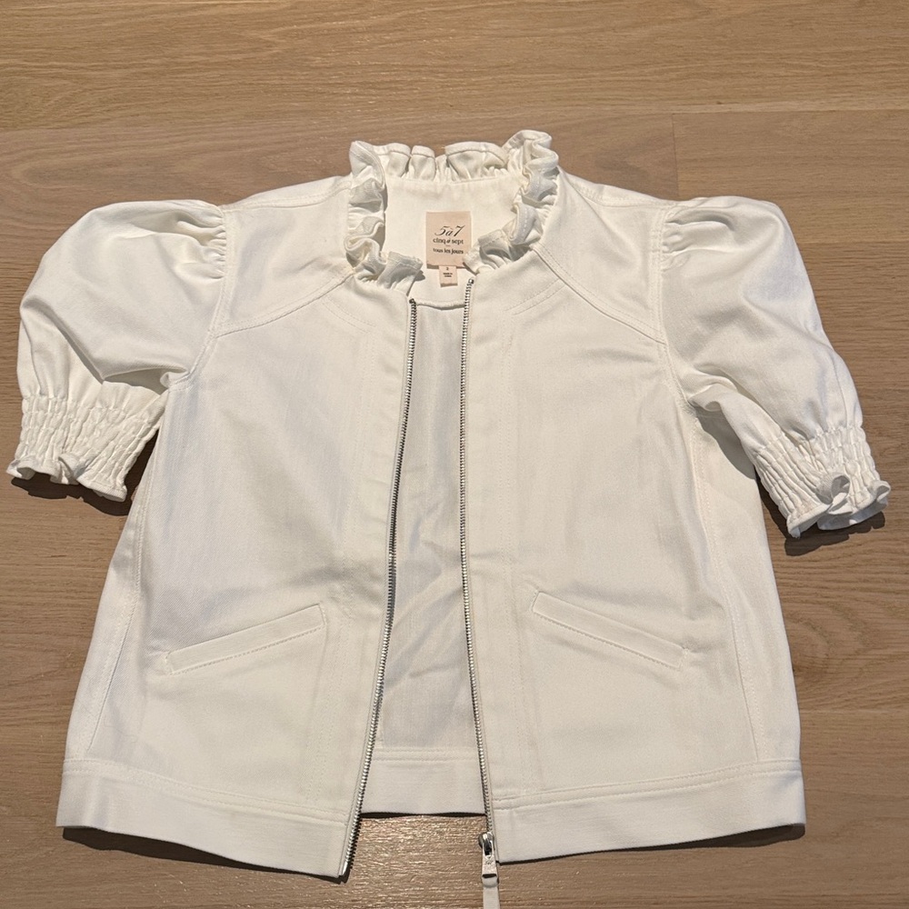 Cinq à Sept White Jean Jacket with Ruffled Collar